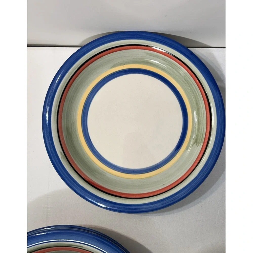 Vtg Gibson Rainbow Striped Hand Painted Rim Ceramic Dinner Plate 10.5in Set Of 6